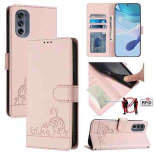 For Motorola Moto G62 5G Global Cat Rat Embossed Pattern RFID Leather Phone Case with Lanyard(Pink)