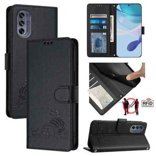 For Motorola Moto G62 5G India Cat Rat Embossed Pattern RFID Leather Phone Case with Lanyard(Black)