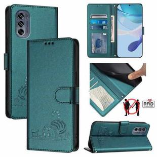 For Motorola Moto G62 5G India Cat Rat Embossed Pattern RFID Leather Phone Case with Lanyard(Peacock Green)