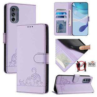 For Motorola Moto G62 5G India Cat Rat Embossed Pattern RFID Leather Phone Case with Lanyard(Purple)