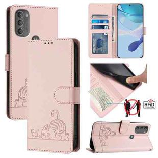 For Motorola Moto G71 5G Cat Rat Embossed Pattern RFID Leather Phone Case with Lanyard(Pink)