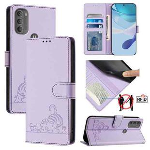 For Motorola Moto G71 5G Cat Rat Embossed Pattern RFID Leather Phone Case with Lanyard(Purple)