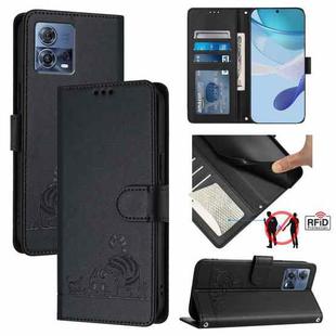 For Motorola Moto G72 Cat Rat Embossed Pattern RFID Leather Phone Case with Lanyard(Black)