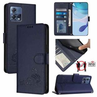 For Motorola Moto G72 Cat Rat Embossed Pattern RFID Leather Phone Case with Lanyard(Blue)