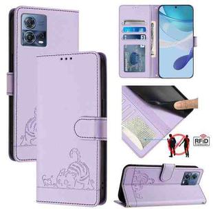 For Motorola Moto G72 Cat Rat Embossed Pattern RFID Leather Phone Case with Lanyard(Purple)