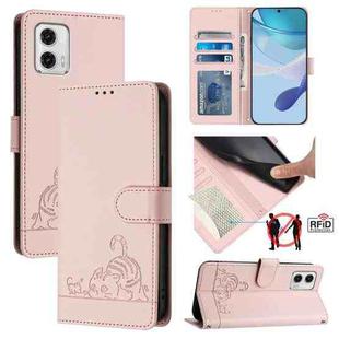 For Motorola Moto G73 5G Cat Rat Embossed Pattern RFID Leather Phone Case with Lanyard(Pink)