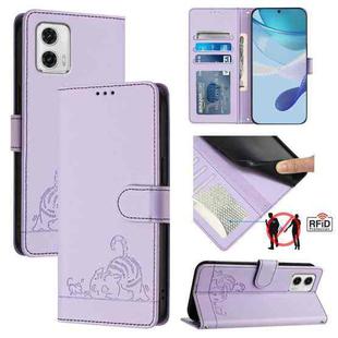 For Motorola Moto G73 5G Cat Rat Embossed Pattern RFID Leather Phone Case with Lanyard(Purple)