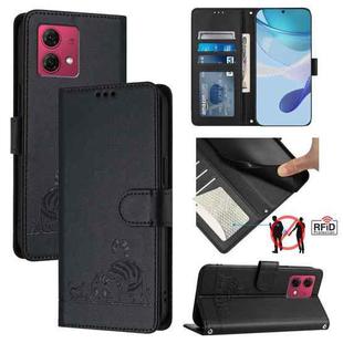 For Motorola Moto G84 5G Cat Rat Embossed Pattern RFID Leather Phone Case with Lanyard(Black)