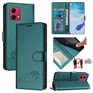 For Motorola Moto G84 5G Cat Rat Embossed Pattern RFID Leather Phone Case with Lanyard(Peacock Green)