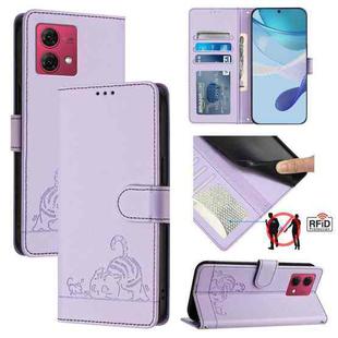 For Motorola Moto G84 5G Cat Rat Embossed Pattern RFID Leather Phone Case with Lanyard(Purple)