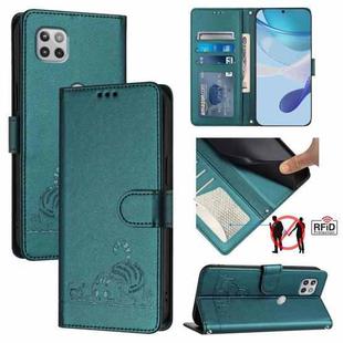 For Motorola One 5G Ace/Moto G 5G Cat Rat Embossed Pattern RFID Leather Phone Case with Lanyard(Peacock Green)