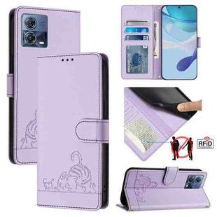 For Motorola Moto S30 Pro 5G Cat Rat Embossed Pattern RFID Leather Phone Case with Lanyard(Purple)