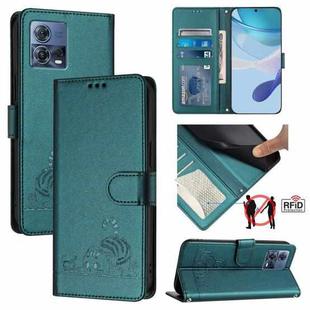 For Motorola Edge 30 Fusion Cat Rat Embossed Pattern RFID Leather Phone Case with Lanyard(Peacock Green)