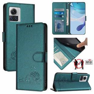 For Motorola Moto X30 Pro 5G Cat Rat Embossed Pattern RFID Leather Phone Case with Lanyard(Peacock Green)