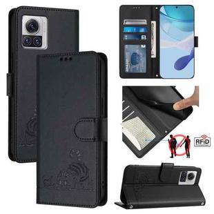 For Motorola Edge 30 Ultra Cat Rat Embossed Pattern RFID Leather Phone Case with Lanyard(Black)