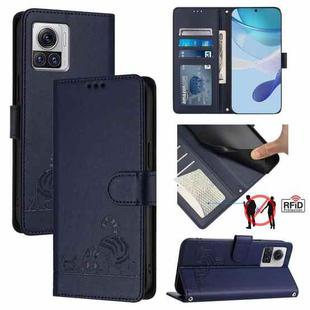 For Motorola Edge 30 Ultra Cat Rat Embossed Pattern RFID Leather Phone Case with Lanyard(Blue)