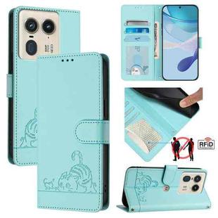 For Motorola Edge 50 Ultra Cat Rat Embossed Pattern RFID Leather Phone Case with Lanyard(Mint Green)