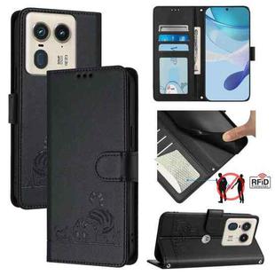 For Motorola Edge 50 Ultra Cat Rat Embossed Pattern RFID Leather Phone Case with Lanyard(Black)