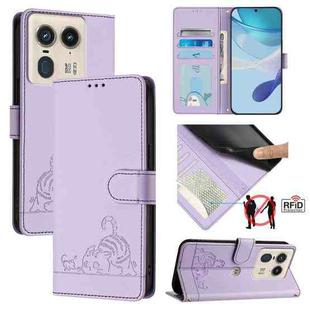 For Motorola Edge 50 Ultra Cat Rat Embossed Pattern RFID Leather Phone Case with Lanyard(Purple)