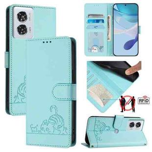 For Motorola Edge 50 Fusion Cat Rat Embossed Pattern RFID Leather Phone Case with Lanyard(Mint Green)