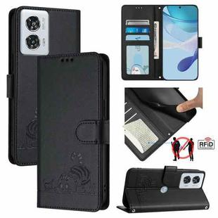 For Motorola Edge 50 Fusion Cat Rat Embossed Pattern RFID Leather Phone Case with Lanyard(Black)