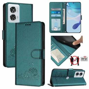 For Motorola Edge 50 Fusion Cat Rat Embossed Pattern RFID Leather Phone Case with Lanyard(Peacock Green)