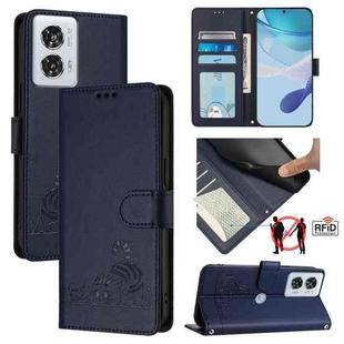 For Motorola Edge 50 Fusion Cat Rat Embossed Pattern RFID Leather Phone Case with Lanyard(Blue)