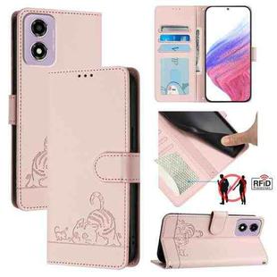 For Motorola Moto E14 Cat Rat Embossed Pattern RFID Leather Phone Case with Lanyard(Pink)