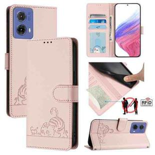 For Motorola Moto G85 Cat Rat Embossed Pattern RFID Leather Phone Case with Lanyard(Pink)