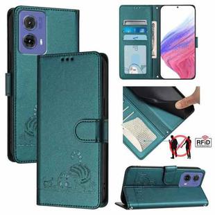 For Motorola Moto G85 Cat Rat Embossed Pattern RFID Leather Phone Case with Lanyard(Peacock Green)