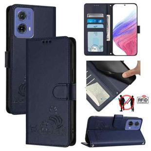 For Motorola Moto G85 Cat Rat Embossed Pattern RFID Leather Phone Case with Lanyard(Blue)