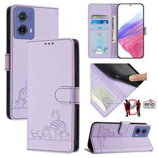 For Motorola Moto G85 Cat Rat Embossed Pattern RFID Leather Phone Case with Lanyard(Purple)