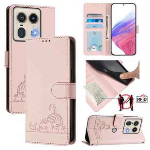 For Motorola Edge 5G Global Cat Rat Embossed Pattern RFID Leather Phone Case with Lanyard(Pink)