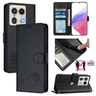 For Motorola Edge 5G Global Cat Rat Embossed Pattern RFID Leather Phone Case with Lanyard(Black)