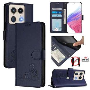 For Motorola Edge 5G Global Cat Rat Embossed Pattern RFID Leather Phone Case with Lanyard(Blue)