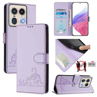 For Motorola Edge 50 5G Global Cat Rat Embossed Pattern RFID Leather Phone Case with Lanyard(Purple)