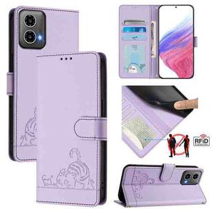 For Motorola Moto G34 5G / G45 5G Cat Rat Embossed Pattern RFID Leather Phone Case with Lanyard(Purple)