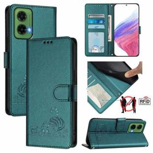 For Motorola Moto G35 Cat Rat Embossed Pattern RFID Leather Phone Case with Lanyard(Peacock Green)