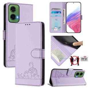 For Motorola Moto G35 Cat Rat Embossed Pattern RFID Leather Phone Case with Lanyard(Purple)