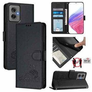 For Motorola Moto G55 Cat Rat Embossed Pattern RFID Leather Phone Case with Lanyard(Black)