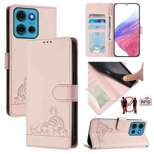 For Motorola Moto G75 Cat Rat Embossed Pattern RFID Leather Phone Case with Lanyard(Pink)