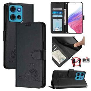 For Motorola Moto G75 Cat Rat Embossed Pattern RFID Leather Phone Case with Lanyard(Black)