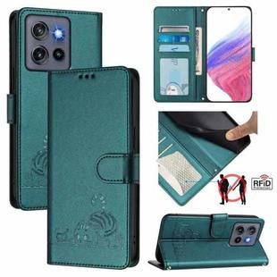 For Motorola Edge 50 Neo Cat Rat Embossed Pattern RFID Leather Phone Case with Lanyard(Peacock Green)