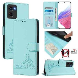 For Motorola Moto G05 Cat Rat Embossed Pattern RFID Leather Phone Case with Lanyard(Mint Green)