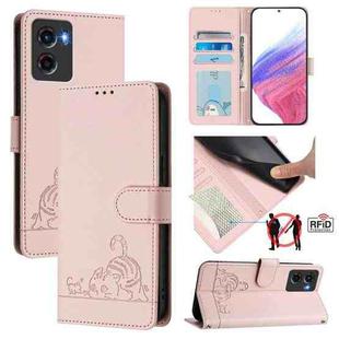 For Motorola Moto G05 Cat Rat Embossed Pattern RFID Leather Phone Case with Lanyard(Pink)