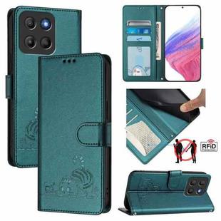 For Motorola Moto G15 Cat Rat Embossed Pattern RFID Leather Phone Case with Lanyard(Peacock Green)