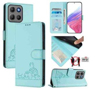 For Motorola Moto G15 / G15 Power Cat Rat Embossed Pattern RFID Leather Phone Case with Lanyard(Mint Green)