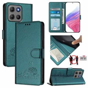 For Motorola Moto G15 / G15 Power Cat Rat Embossed Pattern RFID Leather Phone Case with Lanyard(Peacock Green)