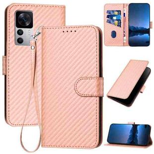 For Xiaomi 12T / 12T Pro / Redmi K50 Ultra YX0070 Carbon Fiber Buckle Leather Phone Case with Lanyard(Pink)