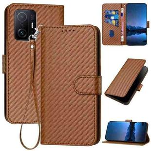 For Xiaomi 11T / 11T Pro YX0070 Carbon Fiber Buckle Leather Phone Case with Lanyard(Coffee)